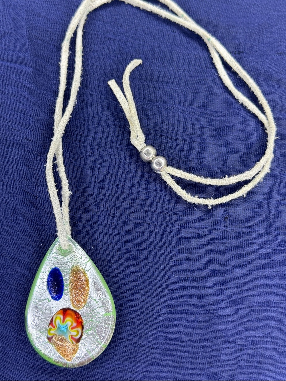 Handmade Multicolor Glass Pendant Necklace - Suede Cord